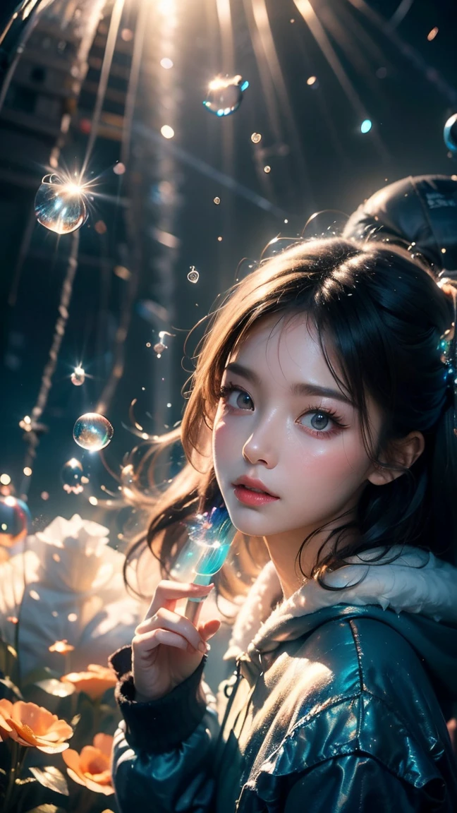 (best quality, masterpiece:1.2),ultra detailed,(photo realistic:1.4),solo,cute girl, light_particles,<lora:KiraKiraEffect_v1:0.3>,soap_bubble,<lora:SoapBubble_v1:0.3>