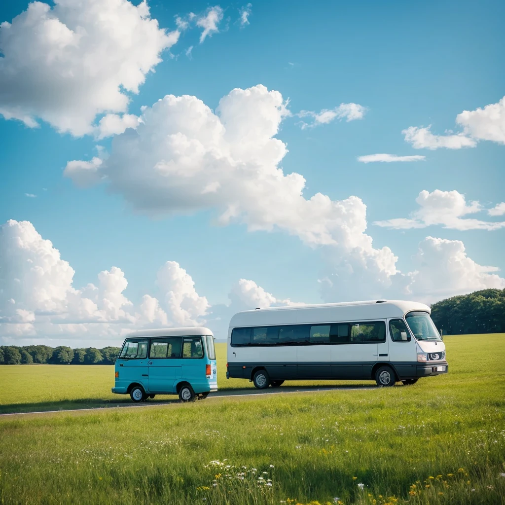 (Minimalism:1.4), Minibus on the road, Studio Ghibli Art, Miyazaki, Meadow with blue sky and white clouds