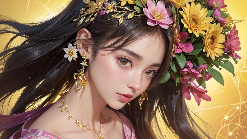 32K, 最高quality, 最高masterpiece, (ultra-Detailed Background, Detailed Background), Absurd, High resolution, Super detailed, Very detailedな, One girl, (bouquet:1.3), (Tangled:1.2), (Geometric:1.2),(colorful),(masterpiece, quality, best quality, Official Art, Beautiful and beautiful:1.2), (1 girl:1.3), Very detailed,(colorful:1.1)(Flowers:1.3),Most detailed,(Tangled:1.2), whole body, (Abstract background:1.3), (Skin glows), (Many colors:1.4), ,(Earrings Jewelry:1.5), Pale yellow background,