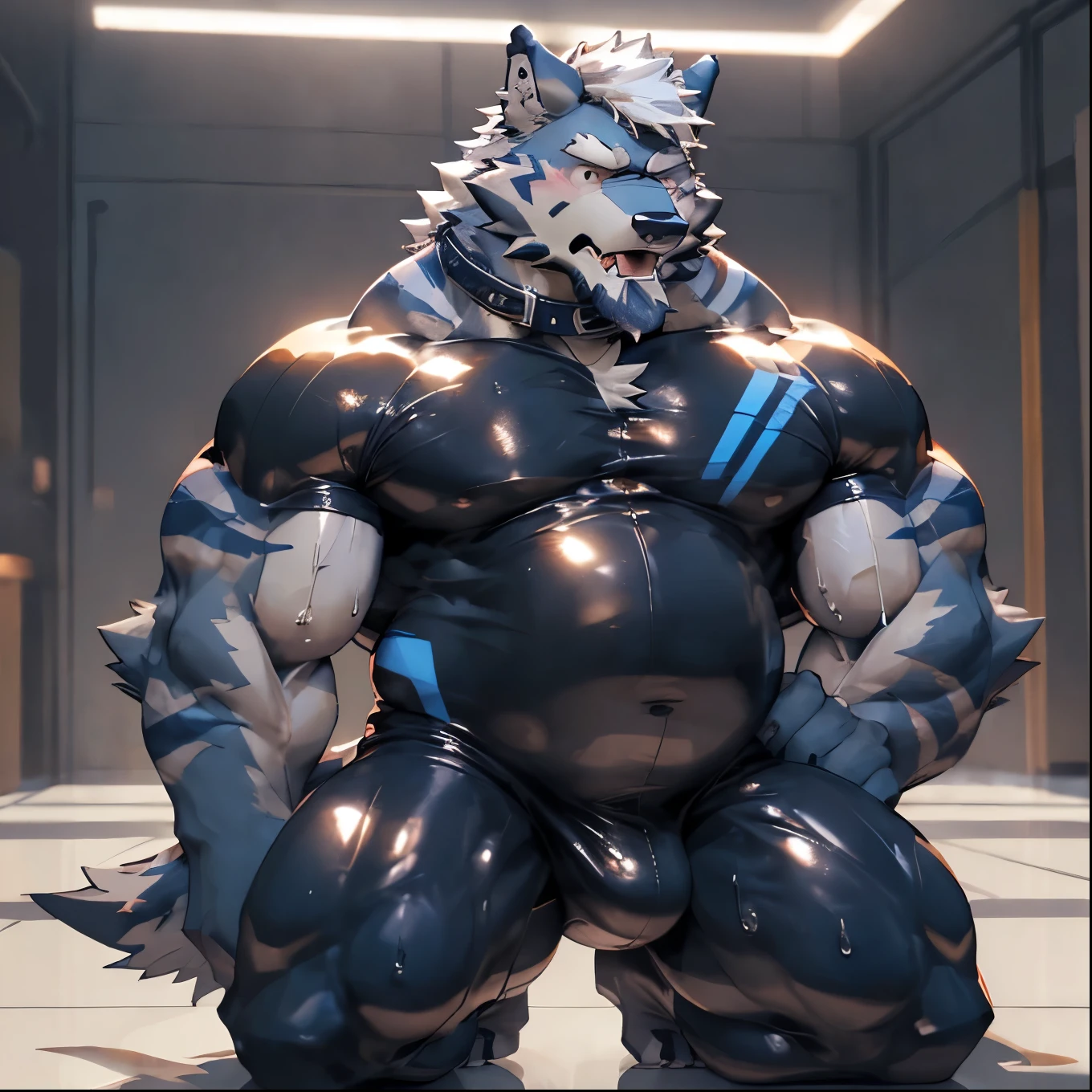 masterpiece, best quality, 8K resolution, Very detailed, hairy,(((Gray Werewolf)),(((Mature))),(((beard))),(((Strong))),(((White hair all over body))),portrait,(((White hair))),(((Blue stripes on body))),(((Room))),For the audience,(((Black tight rubber suit))),Highest quality scenes,solitary,solitary,(((whole body))),(((Sweating))),(((Kneel down))),(((Shirtless))),((Fat-wrapped muscles)),(((shameful))),((blush)),(((Round Face))),(((Solitary))),((collar)),(((Strong body))),(((Bulging buttocks))),(((Sticking out tongue))),(((Crotch bulge)))