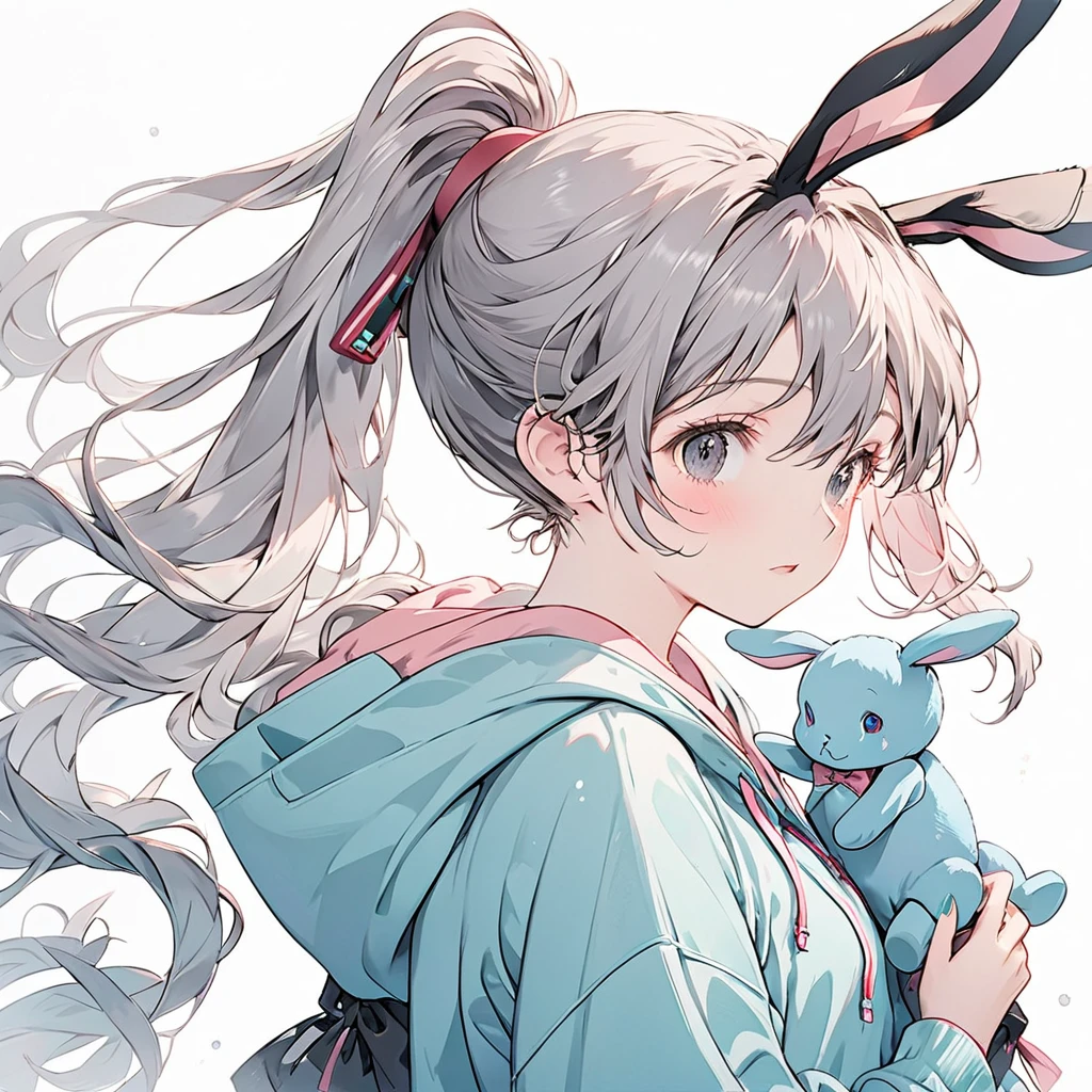girl, Bunny ears, Gray Hair, ponytail, Light pink mesh hair,Black and gray eyes, Light pink hoodie, Stuffed rabbit, White Background,Hatsune Miku