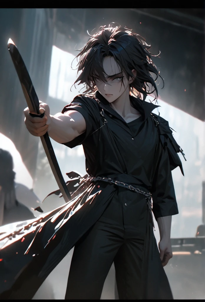 (solo), masculine, black hair, messy hair, mane hair, very short hair, dense hair, wild hair, expressive hair, mature,(25 year old), pale skin, grey eyes, ((man)), teacher, wearing black shirt, rolled up sleeves, black long pants, One shoulder has shoulder armor, black cape covering one arm, detailed eyes, dark, hood, the background is space in china. Silver chains everywhere, attractive, eye reflection, depth of field, thunder aura, cinematic lighting, ray tracing, depth of field, cinematic lighting, ray tracing, UHD, high details, best quality, highres, high quality, award winning, super detail, masterpiece, 8k, UHD, high details, best quality, highres, high quality, award winning, super detail, masterpiece, 8k, digital art, anime coloring, full body, body shot, good face, perfect face, detailed face, good eyes, in a fighting position, holding a sword.