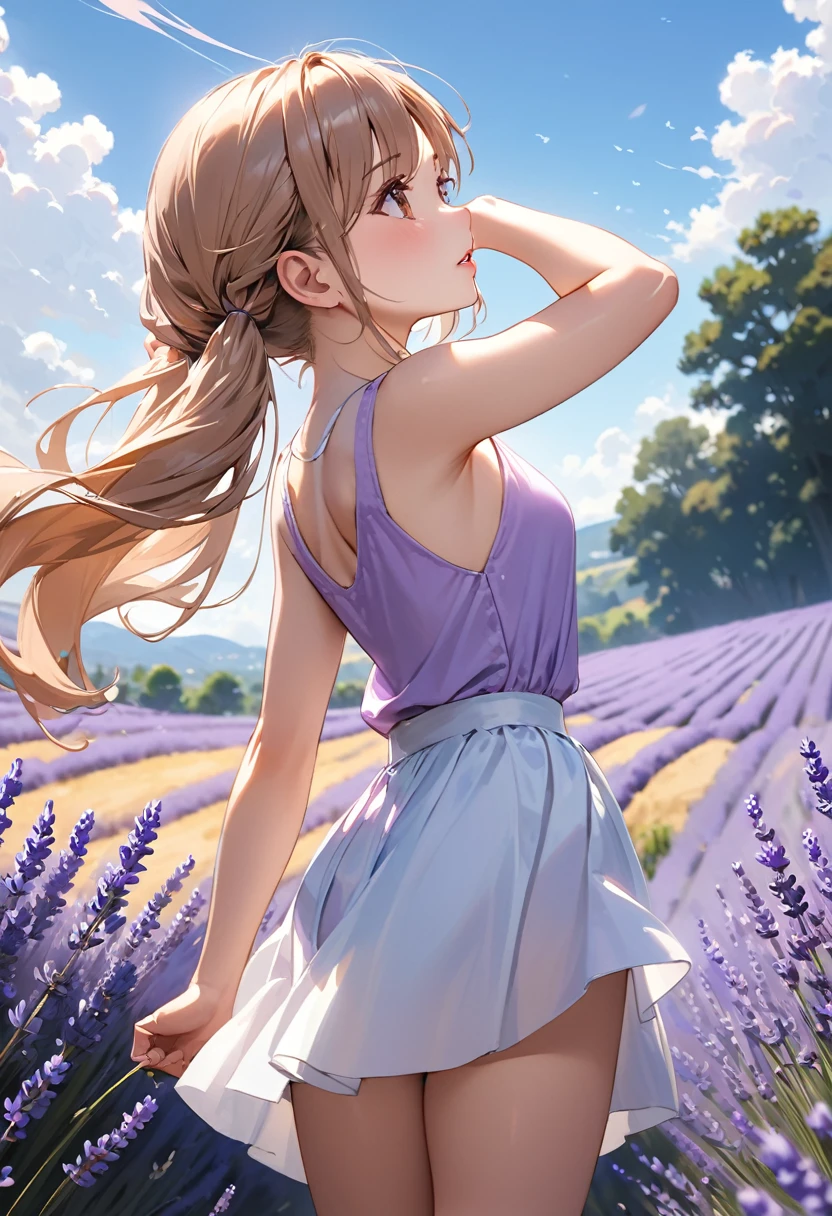 Highest quality, masterpiece, Ultra-high resolution, Realistic:1.2, RAW Photos, Intricate details, Portraiture, Big beautiful brown eyes:1.2, Perfect contours, Perfect proportions:1.2, One Girl, break ((full body:1.2, from below:2, ((side shot:1.5)), (looking back:1.2), looking away:1.2)), ((petite, short, tiny girl:1.2)), Light Brown Hair、((long hair, twintails:1.2)), (makeup:1.2, full lips:1.3, pink lips:1.3, shiny lips:1.3, parted lips:1.2), (Stroll through the lavender fields:1.2), ((Silk sleeveless shirt:1.2, Silk long skirt, Low heels)), break ((Place one arm above your head、Place one arm in front of your knee、My hair is about to be blown away by the wind:1.3、The skirt flutters in the wind))、(Embarrassed expression:1.2、A little angry), (The background is a lavender field:1.2、Lavender fluttering in the wind, Several tourists walking), ((Gust of wind:1.2)), (armpit:1.2), (empty-handed)
