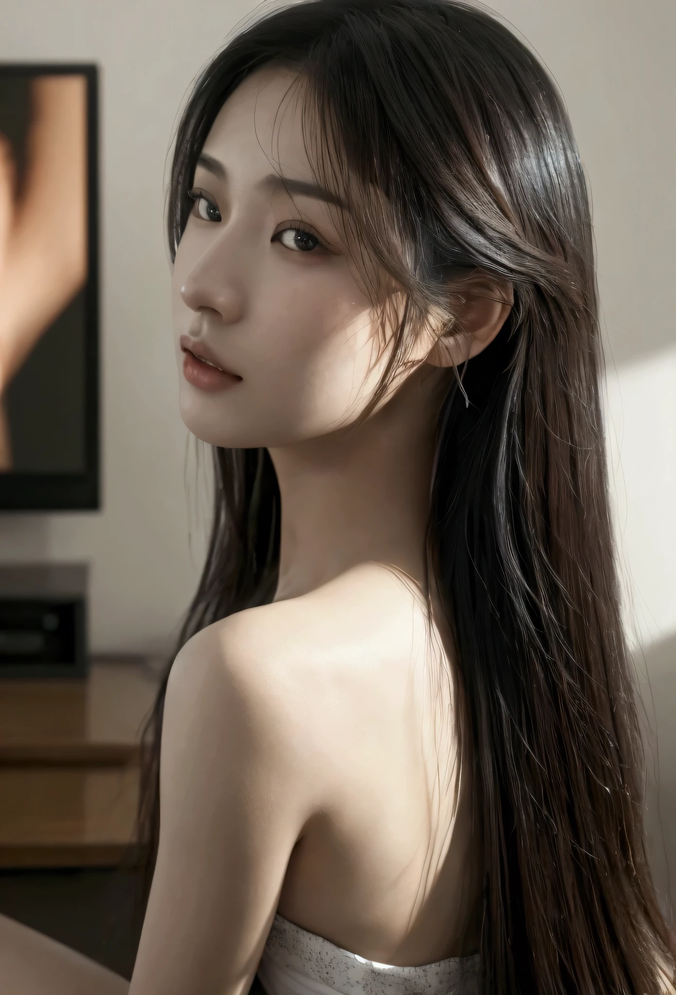 a beautiful asian girl watching the tv, camera view from behind seeing the tv, extremely detailed eyes and face, beautiful detailed lips, longeyelashes, realistic, photorealistic, photo-realistic:1.37, HDR, UHD, studio lighting, ultra-fine painting, sharp focus, physically-based rendering, extreme detail description, professional, vivid colors, bokeh, 1girl, portrait, interior, sitting, introspective,,high detailled background, face detailled, high resolution, real photo, photorealistic, masterpiece, (best quality,4k,8k,highres,masterpiece:1.2),ultra-detailed,(realistic,photorealistic,photo-realistic:1.37), detailed face, high detailed, high resolution, realistic background, photorealistic, 8k, highly detailed, cinematic ultra detailed realistic face, ultra detailed realistic background,ntricate details, realistic, photorealistic, 8k, high quality, detailed skin