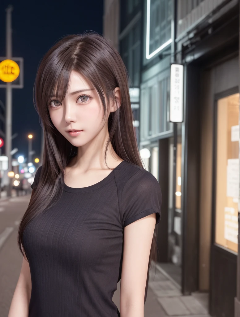 (Best Quality, High resolution, masutepiece :1.3), Pretty women, Slender figure, dark brown hair, T-shirt, (Street in city at night), Highly detailed face and skin texture, Detailed eyes, double eyelid