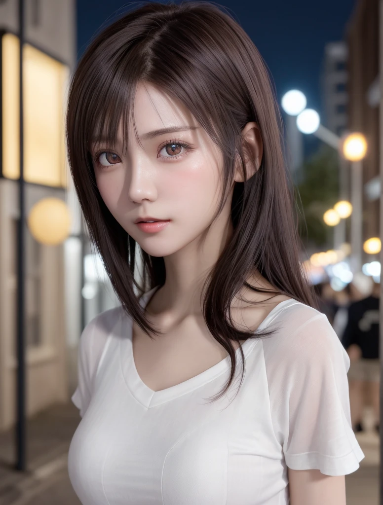 (Best Quality, High resolution, masutepiece :1.3), Pretty women, Slender figure, dark brown hair, T-shirt, (Street in city at night), Highly detailed face and skin texture, Detailed eyes, double eyelid
