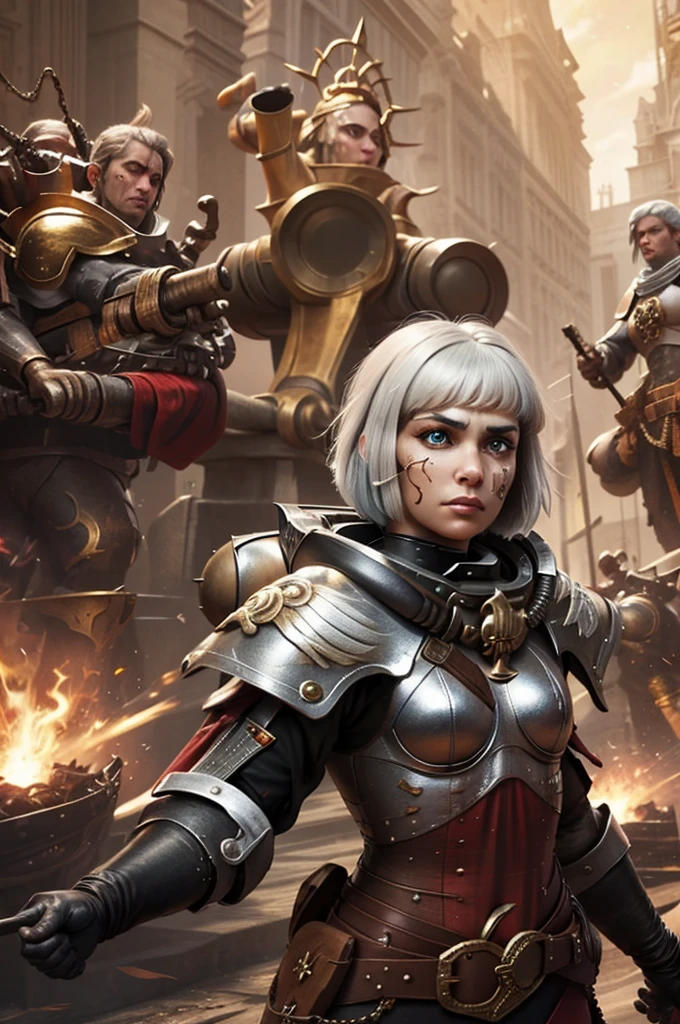 Photo of adepta sororitas, argent shroud, full armor, full metal armor, wearing intricate ornamented metal armor, stern face, bob cut, short hair, white hair,
solo, (female:1.2), epic,  platinum white armor, white pelvic curtain, bronze trimmings,  blue pupils,  facial scar, iron halo, 
((upper body:1.3)) focus, close-up, banner background,
