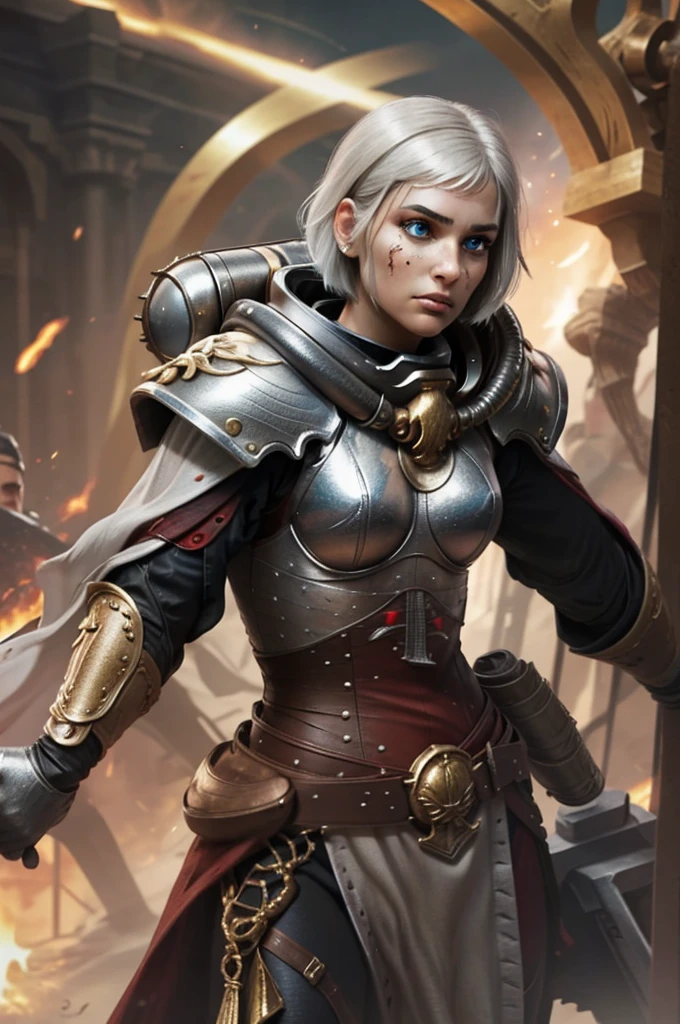 Photo of adepta sororitas, argent shroud, full armor, full metal armor, wearing intricate ornamented metal armor, stern face, bob cut, short hair, white hair,
solo, (female:1.2), epic,  platinum white armor, white pelvic curtain, bronze trimmings,  blue pupils,  facial scar, iron halo, 
((upper body:1.3)) focus, close-up, banner background,
