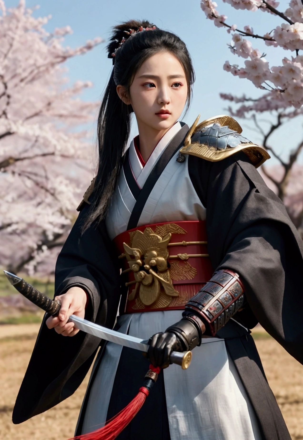 Beautiful female samurai、A scene depicted in exquisite 8K resolution。She is wearing traditional Japanese samurai armor.、The armor is intricately crafted。A magnificent battlefield spreads in the background、Burning fire and smoke、The sound of swords crossing echoes.。Her face is full of determination and courage.、The eyes are fixed sharply ahead。Her black hair flutters in the wind、The movement accentuates the tension on the battlefield.。There are enemy samurai around her, ready to attack her.、She calmly holds her sword、Every moment is depicted as beautifully as a work of art.。Cherry blossom petals fluttering in the background、It adds a touch of beauty and transience to the scene.。