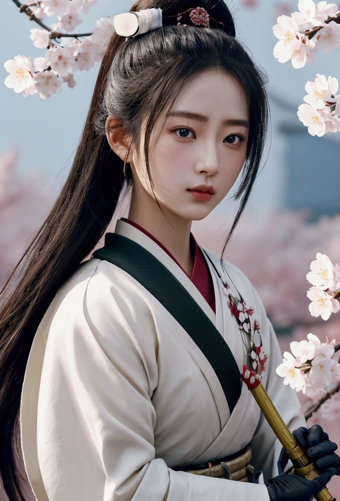 Beautiful female samurai、A scene depicted in exquisite 8K resolution。She is wearing traditional Japanese samurai armor.、The armor is intricately crafted。A magnificent battlefield spreads in the background、Burning fire and smoke、The sound of swords crossing echoes.。Her face is full of determination and courage.、The eyes are fixed sharply ahead。Her black hair flutters in the wind、The movement accentuates the tension on the battlefield.。There are enemy samurai around her, ready to attack her.、She calmly holds her sword、Every moment is depicted as beautifully as a work of art.。Cherry blossom petals fluttering in the background、It adds a touch of beauty and transience to the scene.。
