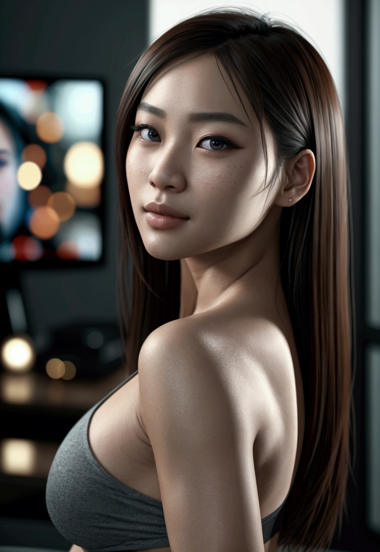 a beautiful asian girl watching the tv, camera view from behind seeing the tv, extremely detailed eyes and face, beautiful detailed lips, longeyelashes, realistic, photorealistic, photo-realistic:1.37, HDR, UHD, studio lighting, ultra-fine painting, sharp focus, fitness body physically-based rendering, extreme detail description, professional, vivid colors, bokeh, 1girl, portrait, interior, sitting, introspective,,high detailled background, face detailled, high resolution, real photo, photorealistic, masterpiece, (best quality,4k,8k,highres,masterpiece:1.2),ultra-detailed,(realistic,photorealistic,photo-realistic:1.37), detailed face, high detailed, high resolution, realistic background, photorealistic, 8k, highly detailed, cinematic ultra detailed realistic face, ultra detailed realistic background,ntricate details, realistic, photorealistic, 8k, high quality, detailed skin