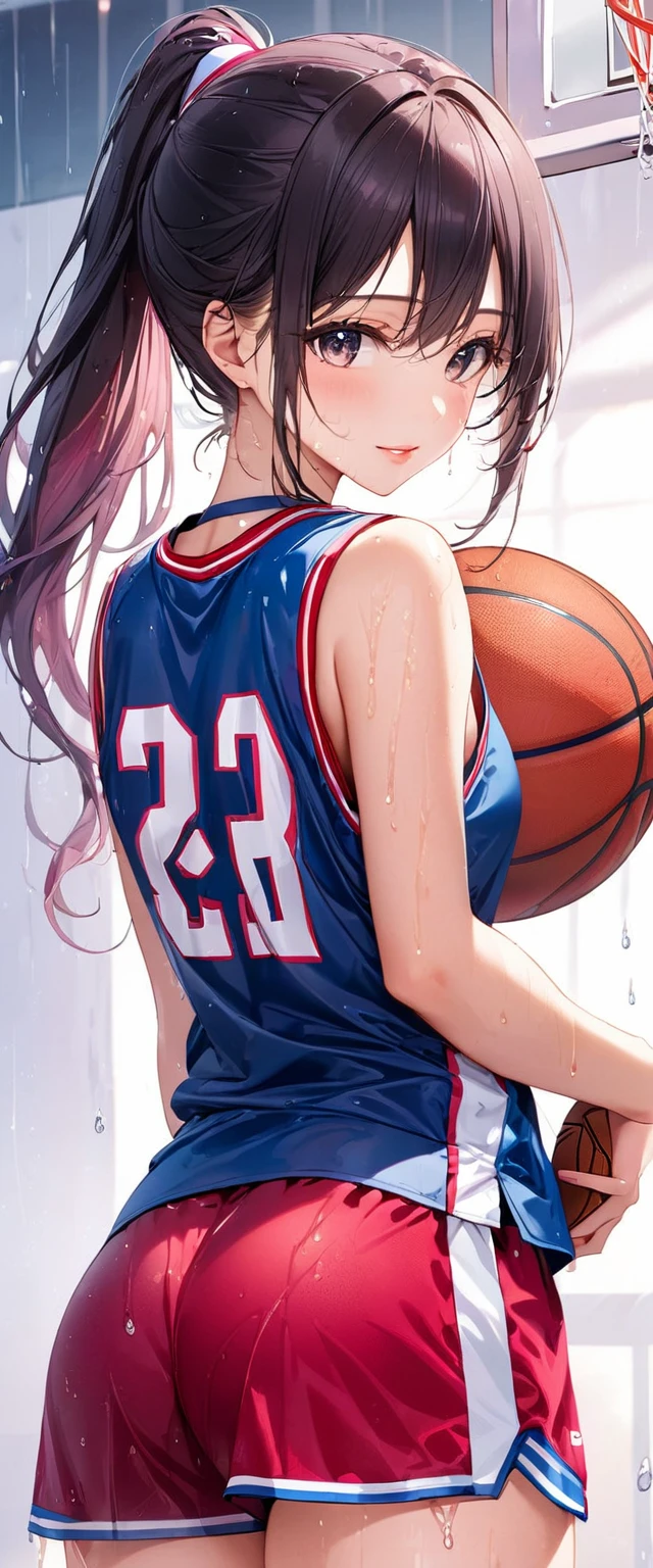 (masterpiece,highest quality,超A high resolution),japanese woman, (((Very beautiful 25 year old girl))), pretty girl、look at the photographer､  ((beautiful low ponytail)), super cute face, glossy lips, double eyelids in both eyes,natural smile、 natural makeup, long eyelashes, Shiny and smooth hair､center image,  perfect limbs, perfect anatomy,(((basketball uniform)))、(((turn around and look back)),wet with sweat,