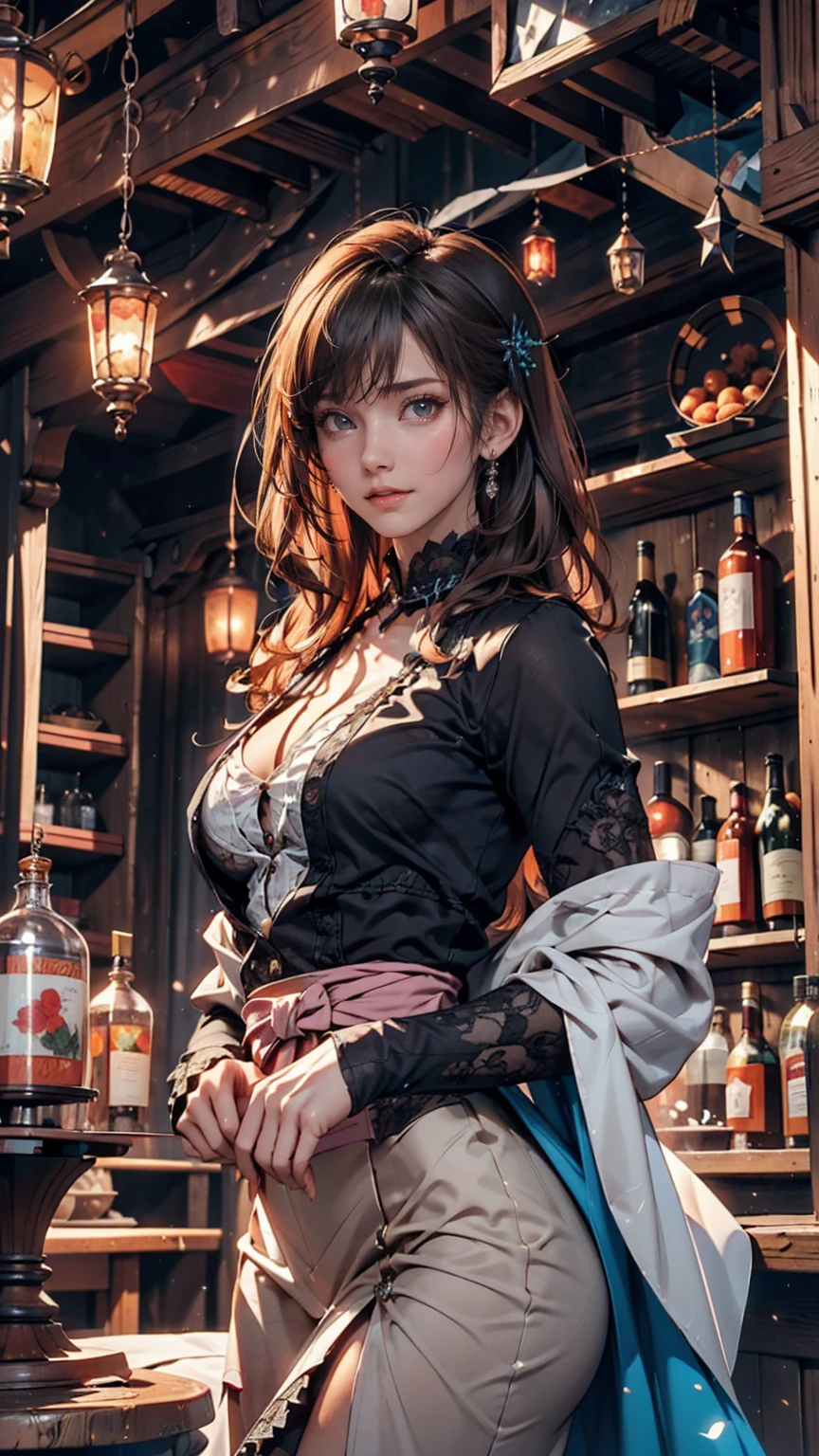 Young redhead woman, Medieval Tales Tavern, Exquisitely crafted and colorful interior, Detailed intense sunrise lightning, Best Geometry, Award-winning masterpiece, Very complex shadows and lighting, Best lighting, Best Shadow, Complex and busy setup, artステーションで話題, Global Illumination, Self-luminous, Bioluminescence, Mid-Journey Style, art:Albert Bierstadt
