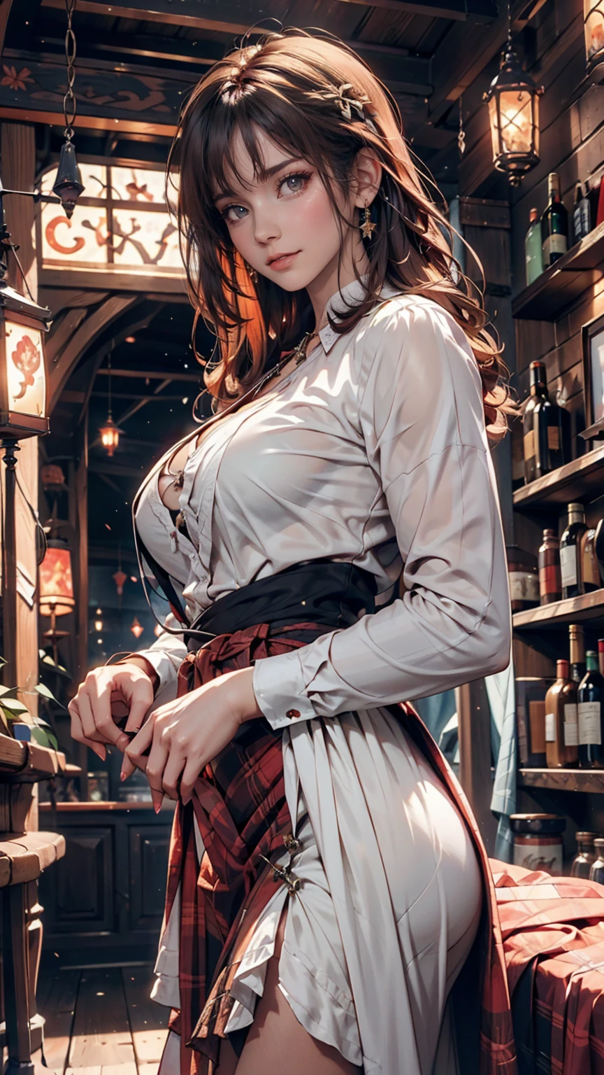 Young redhead woman, Medieval Tales Tavern, Exquisitely crafted and colorful interior, Detailed intense sunrise lightning, Best Geometry, Award-winning masterpiece, Very complex shadows and lighting, Best lighting, Best Shadow, Complex and busy setup, artステーションで話題, Global Illumination, Self-luminous, Bioluminescence, Mid-Journey Style, art:Albert Bierstadt