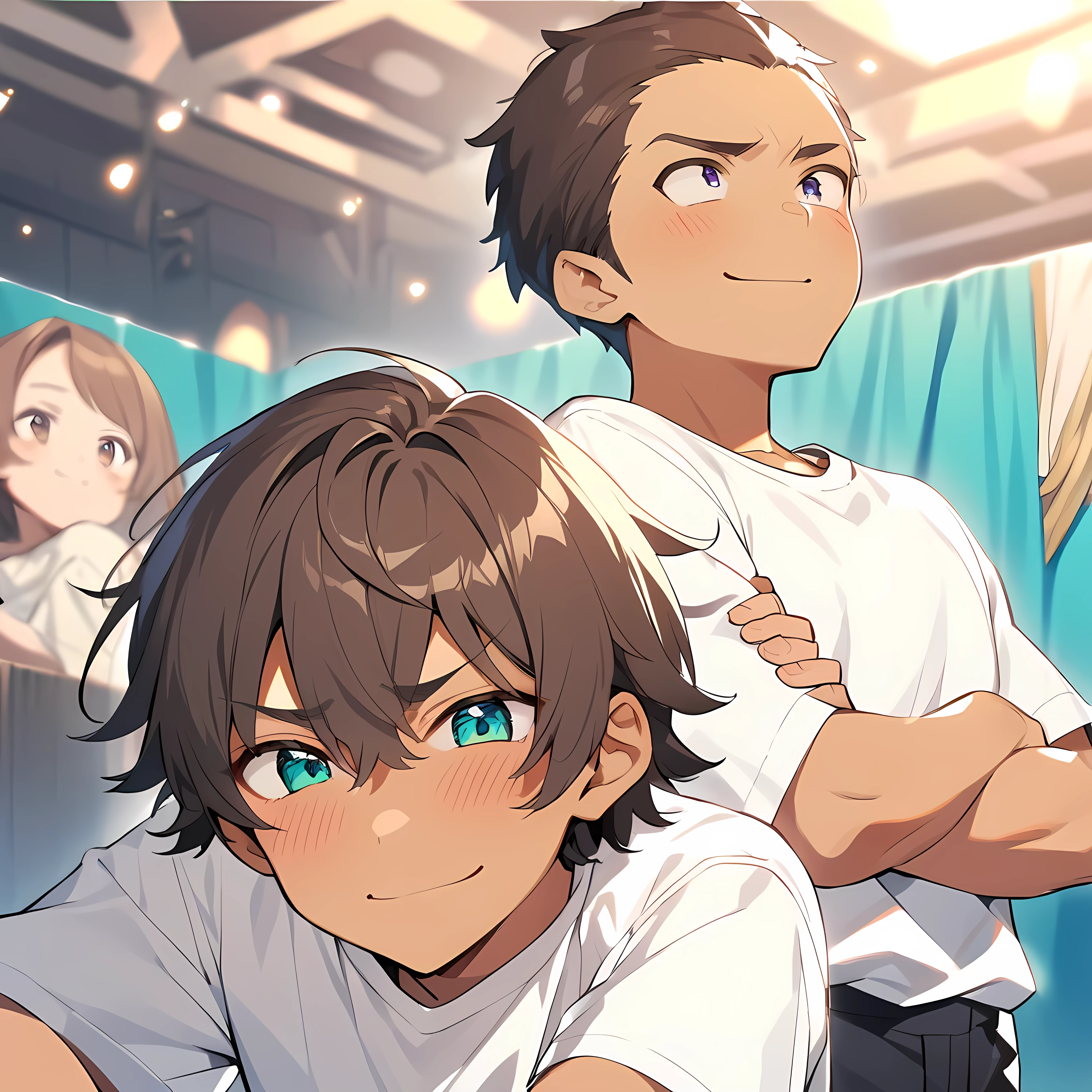 One teenage boy, olive right eye, teal left eye, brown hair, Light tanned skin with a slight blush on the cheeks, wear white shirt, firm posture, arms crossed, with a playful and challenging look, furrowed eyebrows, arrogant and kind smile, theatrical background.