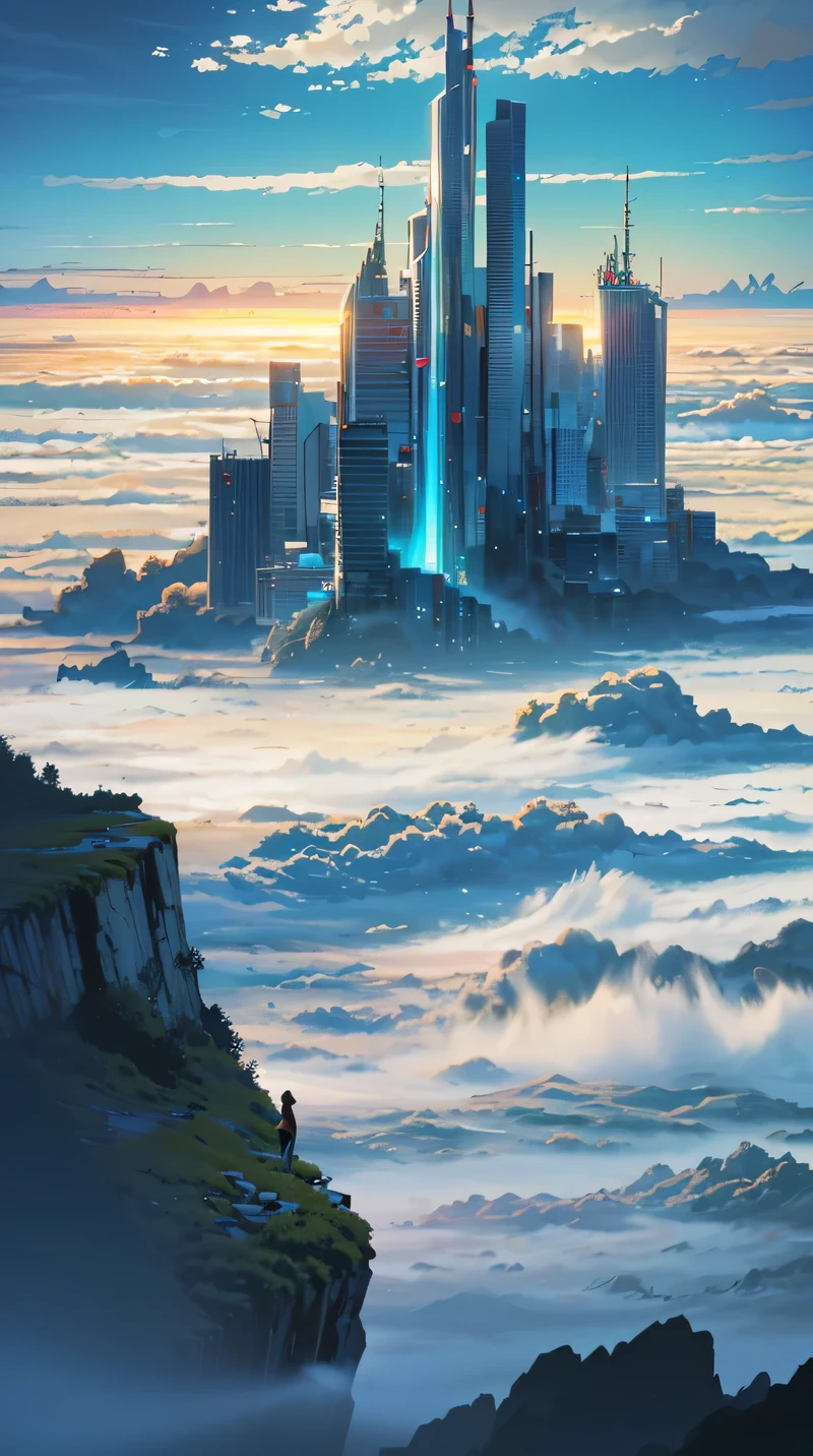 octane rendering,bioluminescence,8K resolution concept art,realism,by Mappa studios,masterpiece,top quality,official art,illustration,ligne claire,(cool_color),perfect composition,absurd,fantasy Focus,(aerial),(above the clouds:1.4),(finely drawn modern city:1.3),(modern city towering above the clouds:1.2),epic,(focus_girl:1. 2),(girl in city peak of Broken bridge),girl sitting alone at foot of bridge looking into distance (girl in city peak of Broken bridge),detailed uniform,calm expression,bird's eye view,wind blowing,fantastic plants,book,giant world tree,movement,(depth of field),stretched shot,view from above