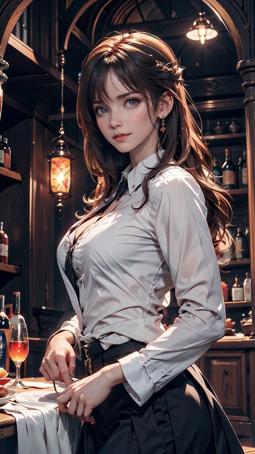 Young redhead woman, Medieval Tales Tavern, Exquisitely crafted and colorful interior, Detailed intense sunrise lightning, Best Geometry, Award-winning masterpiece, Very complex shadows and lighting, Best lighting, Best Shadow, Complex and busy setup, artステーションで話題, Global Illumination, Self-luminous, Bioluminescence, Mid-Journey Style, art:Albert Bierstadt