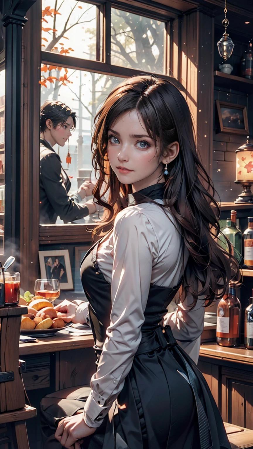 Young redhead woman, Medieval Tales Tavern, Exquisitely crafted and colorful interior, Detailed intense sunrise lightning, Best Geometry, Award-winning masterpiece, Very complex shadows and lighting, Best lighting, Best Shadow, Complex and busy setup, artステーションで話題, Global Illumination, Self-luminous, Bioluminescence, Mid-Journey Style, art:Albert Bierstadt