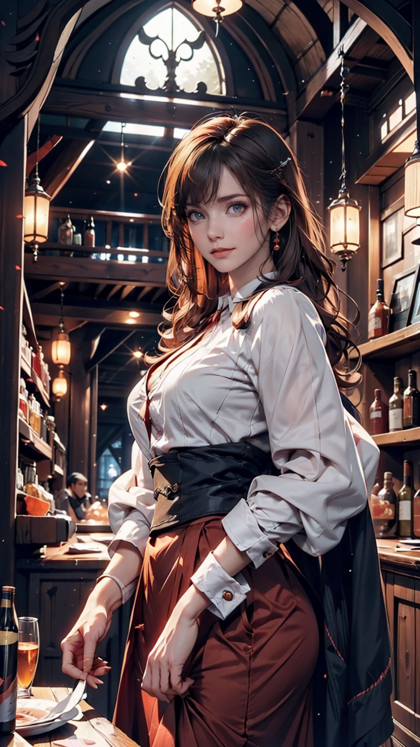 Young redhead woman, Medieval Tales Tavern, Exquisitely crafted and colorful interior, Detailed intense sunrise lightning, Best Geometry, Award-winning masterpiece, Very complex shadows and lighting, Best lighting, Best Shadow, Complex and busy setup, artステーションで話題, Global Illumination, Self-luminous, Bioluminescence, Mid-Journey Style, art:Albert Bierstadt