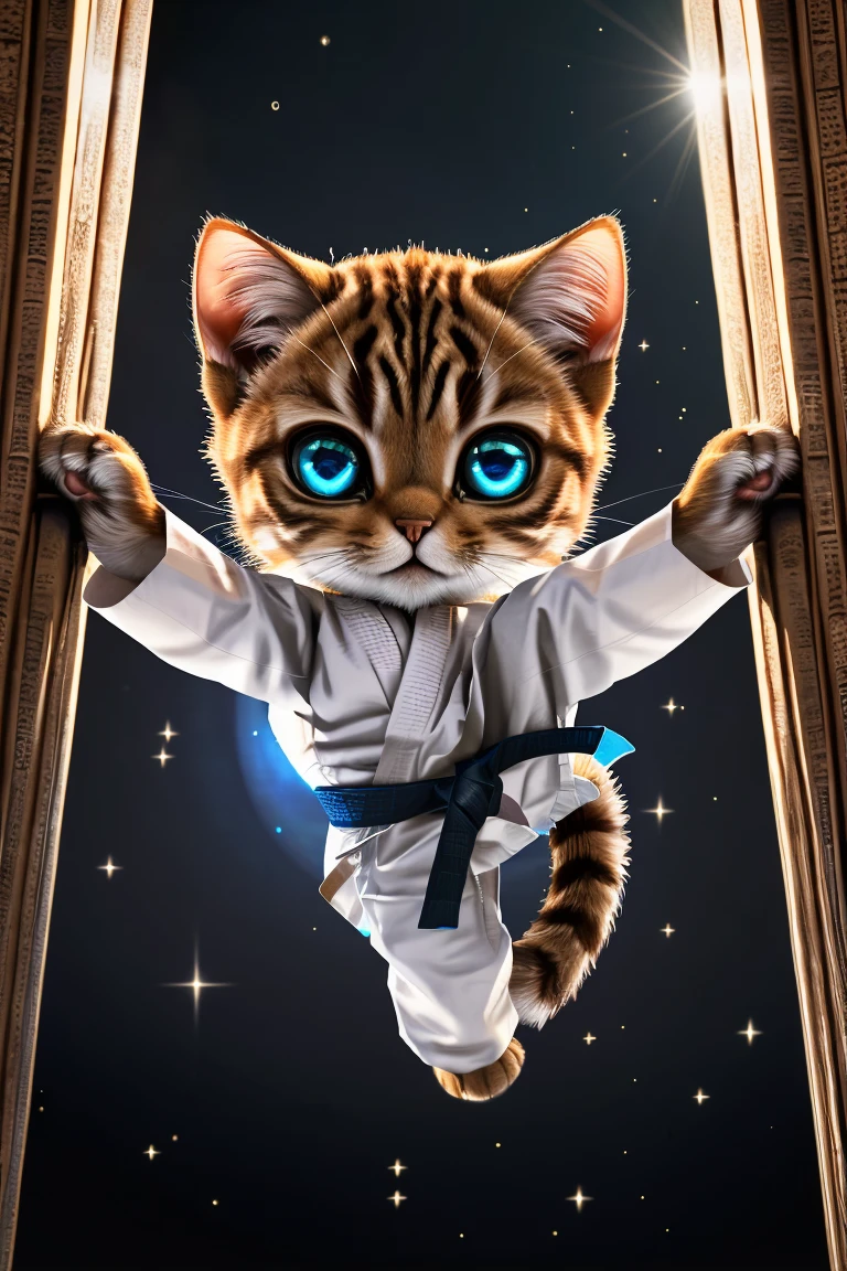 (Highest quality、masterpiece、8k))、Anatomically correct、Very detailed、High resolution、Realistic、((Beautiful, sparkling, detailed eyes))、Intricate details、Cinematic lighting、((Dynamic composition))、kitten、Big head、Karate、Roundhouse kick、Fuji Mountain、((Low angle shot))、((Composition from below))