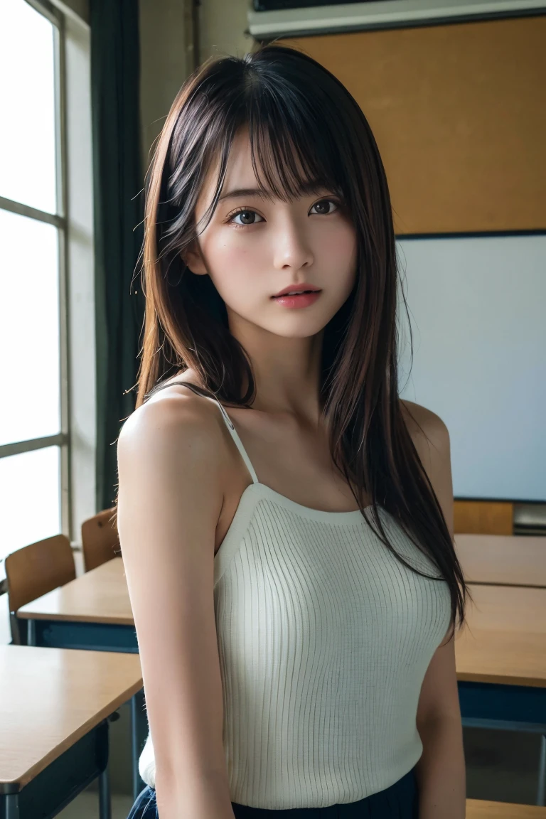 (Highest quality:1.4),(masterpiece:1.4),(Realistic:1.4),(Realistic:1.2),(超High resolution, RAW Photos:1.4),(High resolution, Very detailed:1.2),(8k:1.2),On stage、dance、a photo of a dark-haired,One Girl,alone,wear ,((Japanese Classroom))、((Upper Body:1.3))