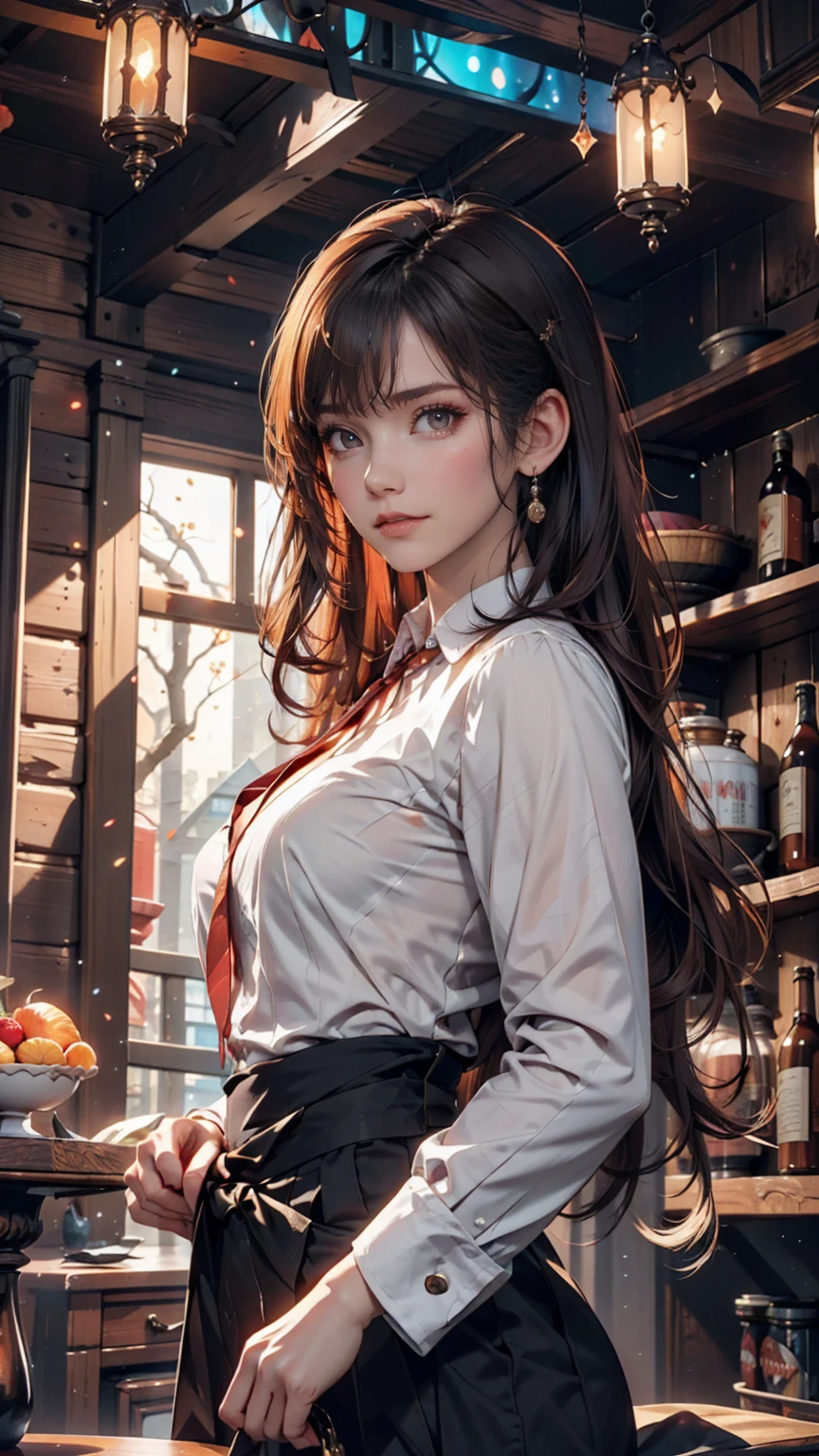 Young redhead woman, Medieval Tales Tavern, Exquisitely crafted and colorful interior, Detailed intense sunrise lightning, Best Geometry, Award-winning masterpiece, Very complex shadows and lighting, Best lighting, Best Shadow, Complex and busy setup, artステーションで話題, Global Illumination, Self-luminous, Bioluminescence, Mid-Journey Style, art：Albert Bierstadt