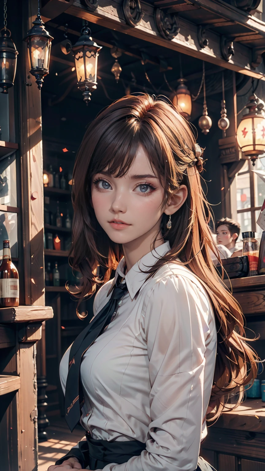 Young redhead woman, Medieval Tales Tavern, Exquisitely crafted and colorful interior, Detailed intense sunrise lightning, Best Geometry, Award-winning masterpiece, Very complex shadows and lighting, Best lighting, Best Shadow, Complex and busy setup, artステーションで話題, Global Illumination, Self-luminous, Bioluminescence, Mid-Journey Style, art：Albert Bierstadt