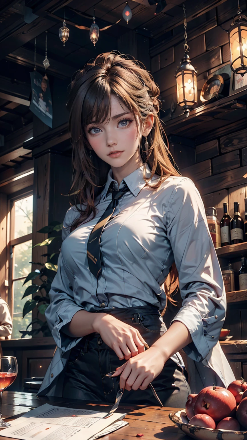 Young redhead woman, Medieval Tales Tavern, Exquisitely crafted and colorful interior, Detailed intense sunrise lightning, Best Geometry, Award-winning masterpiece, Very complex shadows and lighting, Best lighting, Best Shadow, Complex and busy setup, artステーションで話題, Global Illumination, Self-luminous, Bioluminescence, Mid-Journey Style, art:Albert Bierstadt
