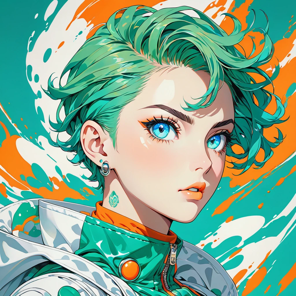 anime style of Jojo's Bizarre Adventure,strong strokes  vibrant colors, focus on character design and full body_portrait color teal,white,green,orange. Skin white perfect face shaven_green full_body_portraits perfect eyes. A young woman with bright green up hairstyle pixie/shaven and piercing's in yours ears blue eyes stares intensely at the viewer. She is dressed in a futuristic suit with a color scheme of teal, orange, and white.