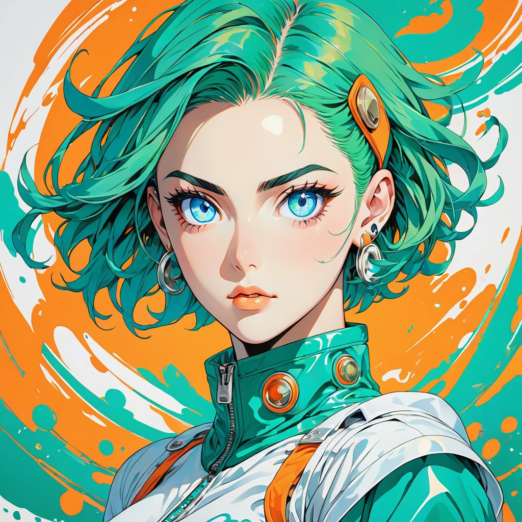 anime style of Jojo's Bizarre Adventure,strong strokes  vibrant colors, focus on character design and full body_portrait color teal,white,green,orange. Skin white perfect face shaven_green full_body_portraits perfect eyes. A young woman with bright green up hairstyle pixie/shaven and piercing's in yours ears blue eyes stares intensely at the viewer. She is dressed in a futuristic suit with a color scheme of teal, orange, and white.