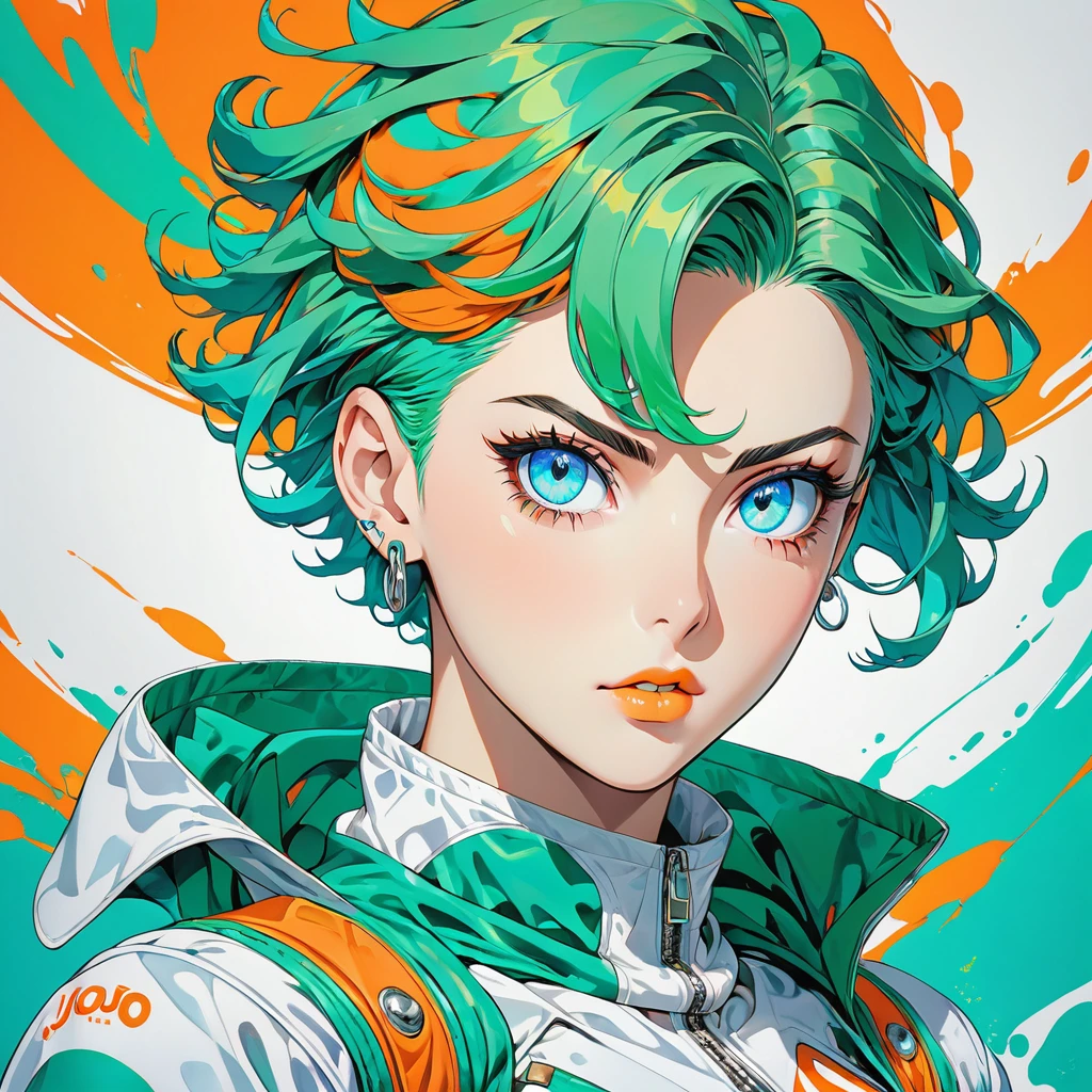 anime style of Jojo's Bizarre Adventure,strong strokes  vibrant colors, focus on character design and full body_portrait color teal,white,green,orange. Skin white perfect face shaven_green full_body_portraits perfect eyes. A young woman with bright green up hairstyle pixie/shaven and piercing's in yours ears blue eyes stares intensely at the viewer. She is dressed in a futuristic suit with a color scheme of teal, orange, and white.