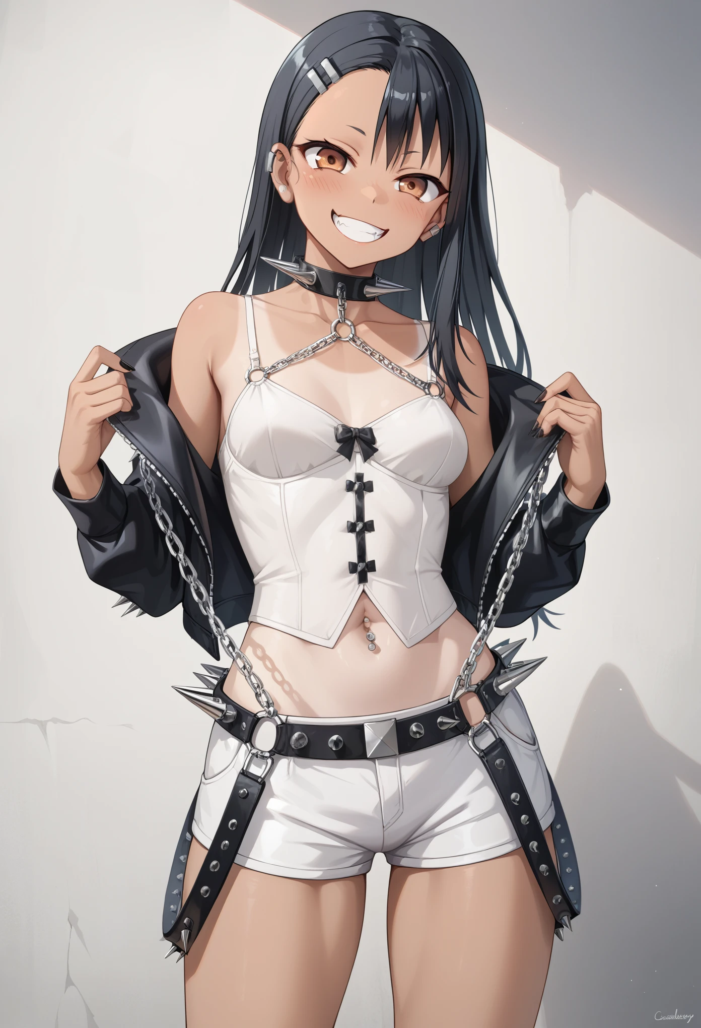 score_9, score_8_up, score_7_up, 1girl, standing, nagatoro hayase, solo, hud_sp1ked, chain, spikes, leather, skirt, corset, anime, hair clip, grin smile, tan, dark-skinned female, hadegalchainbelt, large o-rings, chain-belt, black cropped jacket, light green camisole, white shorts, navel piercing, masterpiece, ultra-detailed, 4k, look straight at viewer, 