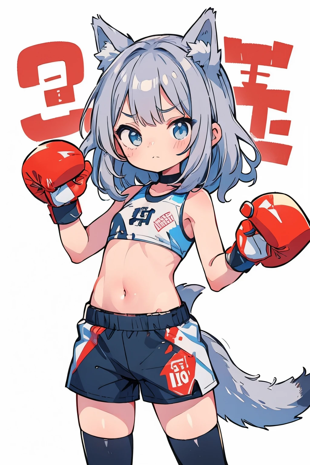 (boxing:1.3)、Teenage Girls、Young、、belly button、stomach、cool、Shorts、Serious expression、(Closed Mouth:1.1)、Silver Hair、Animal Ears、Tail of the beast
