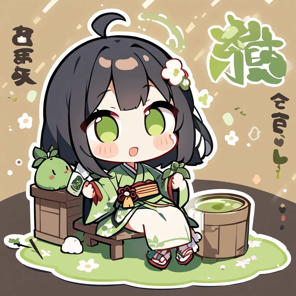 A girl in a kimono sits upright、Offer green tea、Chibi Character、Ahoge、Black Hair、