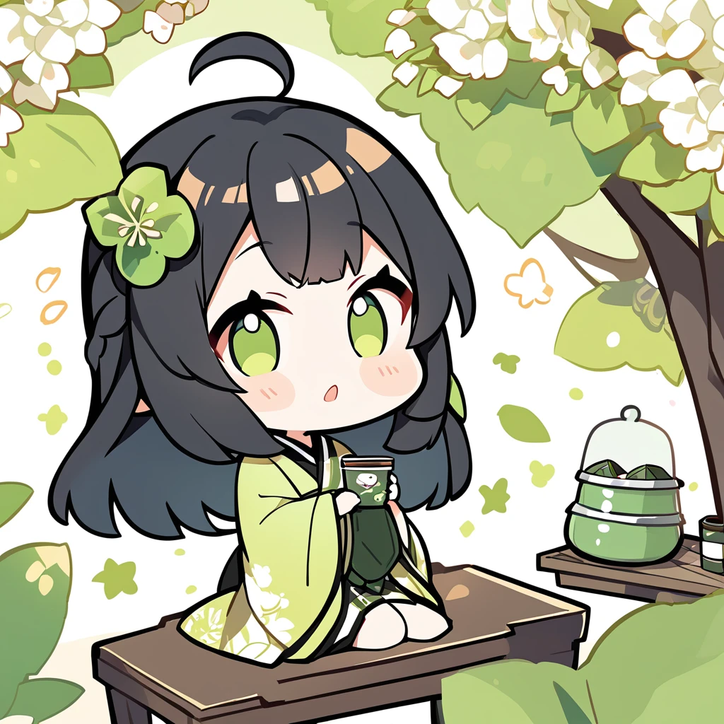 A girl in a kimono sits upright、Offer green tea、Chibi Character、Ahoge、Black Hair、