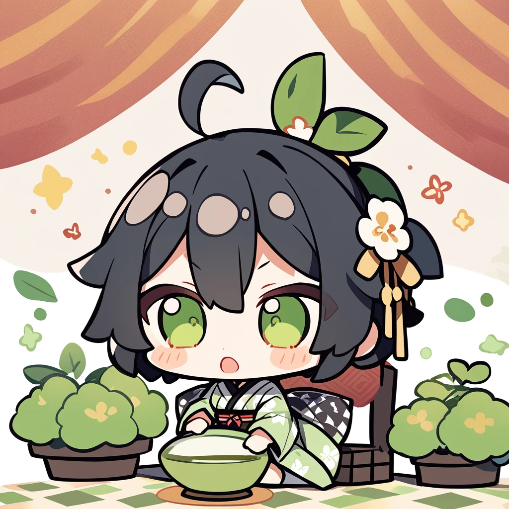 A girl in a kimono sits upright、Offer green tea、Chibi Character、Ahoge、Black Hair、