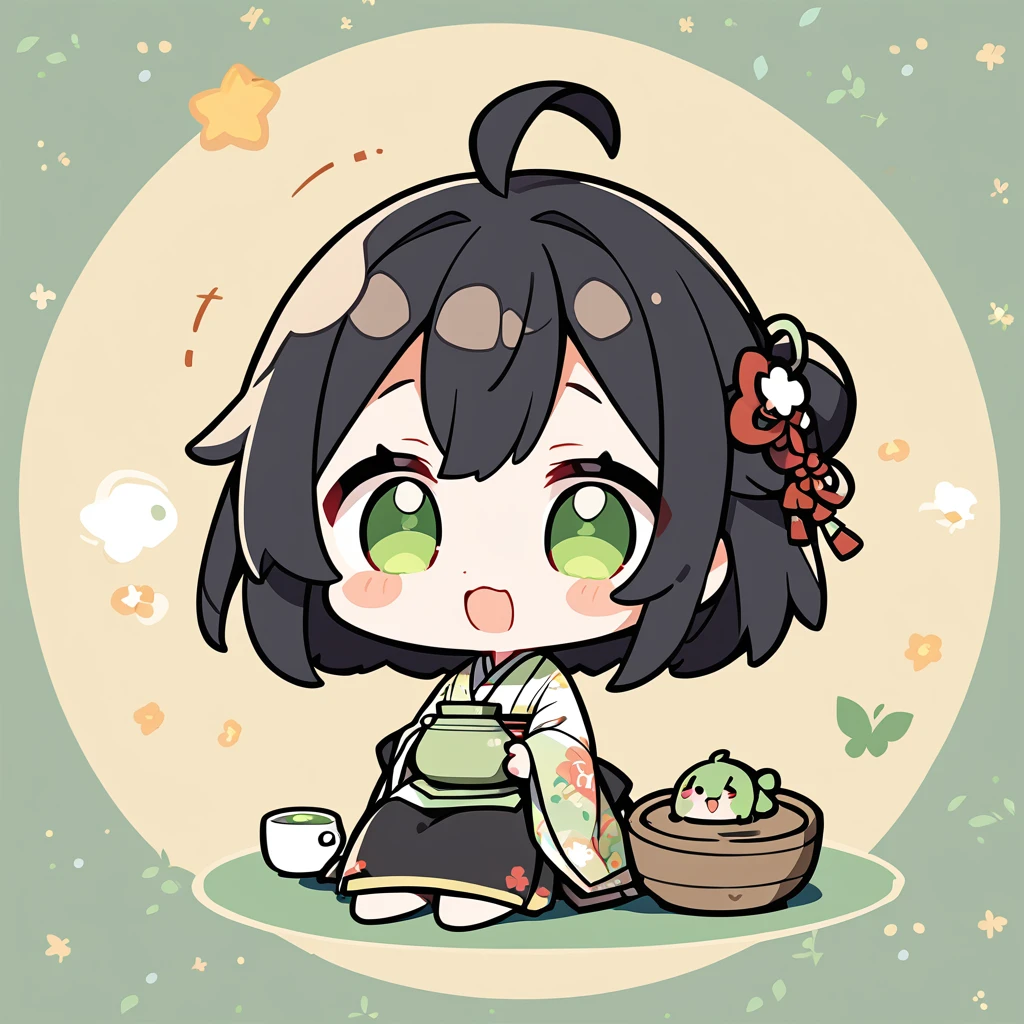 A girl in a kimono sits upright、Offer green tea、Chibi Character、Ahoge、Black Hair、