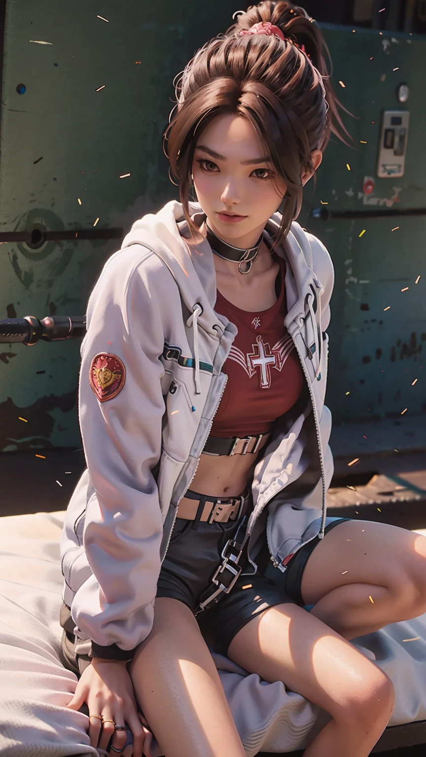 a beautiful young woman with brown eyes and brown hair, sitting cross-legged on a bed, one leg slightly raised, wearing black shorts, a red tank top, an open white jacket, white thigh-high socks, and sneakers, against a fiery background, in an athletic pose