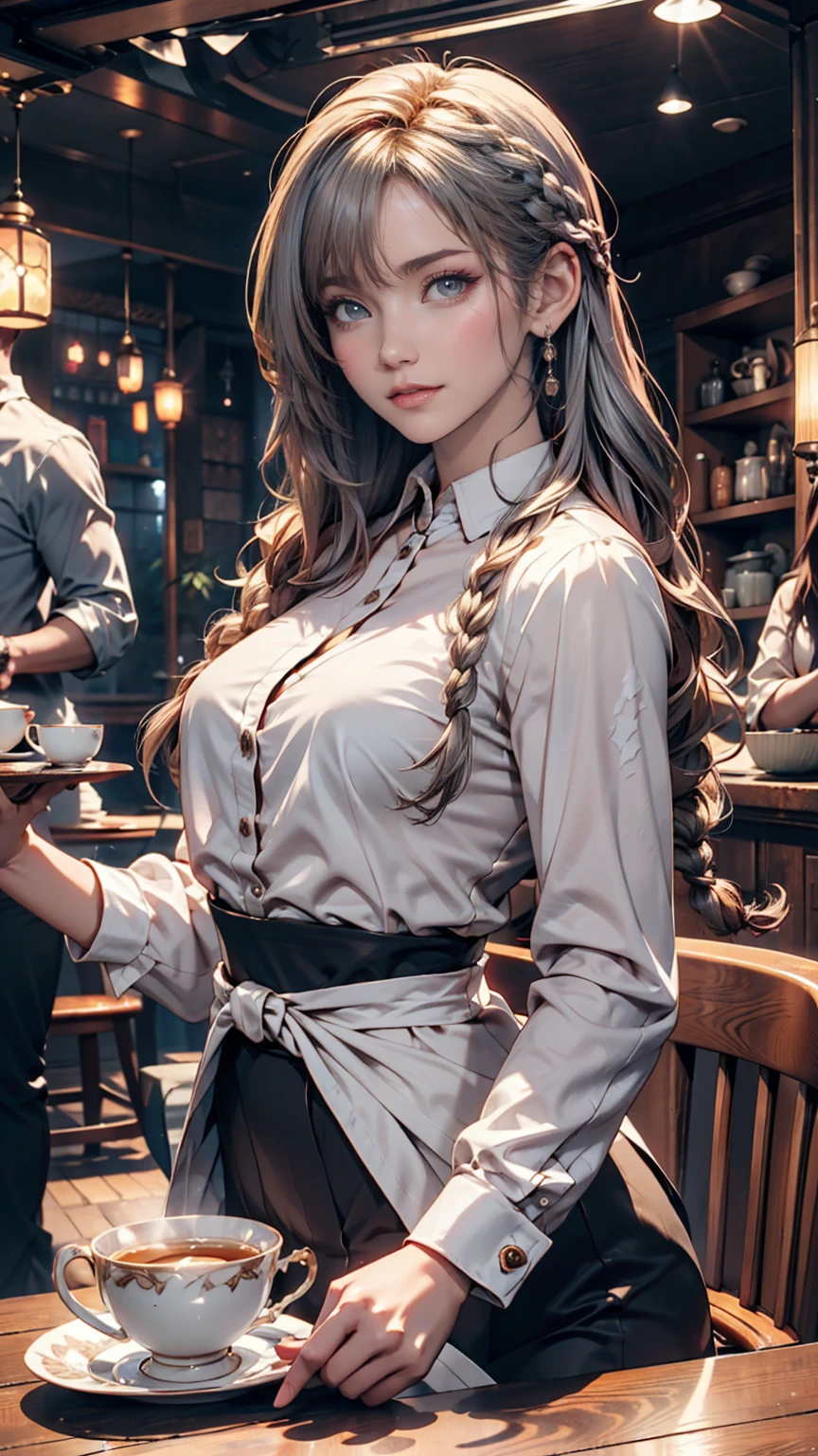Fantasy Background, Cafe RPG Style, Empty chair, table, Tea Glass Set、24-year-old woman、Multi braid((multiple braids))、Silver Hair、Sexy proportions、Narrow waist