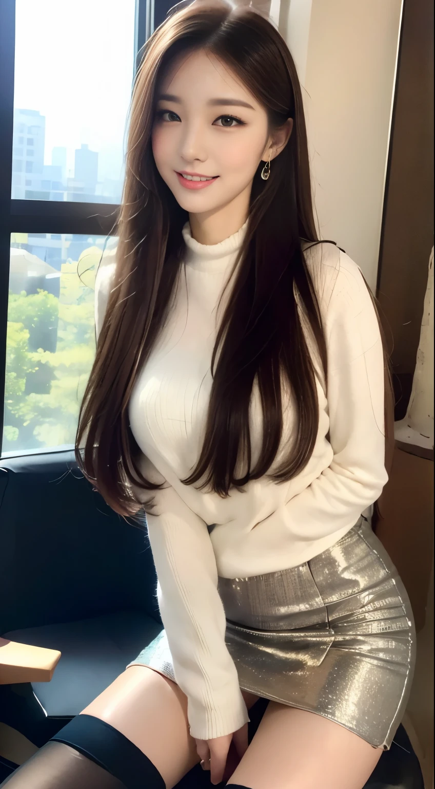 Tall and glamorous beauty、The beauty of a suit、huge 、Undershirt、Cool Beauty、career woman、double eyelid,Office Room,Windows,A very affectionate smile:1.3,masterpiece:1.3,Detailed face,Detailed eyes,Straight long hair style,mini skirt,High heels,Knee-high socks