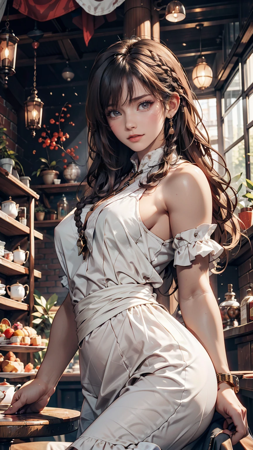 Fantasy Background, Cafe RPG Style, Empty chair, table, Tea Glass Set、24-year-old woman、Multi braid((multiple braids))、Silver Hair、Sexy proportions、Narrow waist