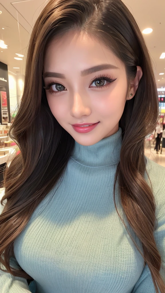 ((highest quality, table top, Super high resolution、the most complex and detailed depiction))、(Very bright lighting:1.1)、(Beautiful woman in a turtleneck sweater:1.1)、(long wavy hair:1.05), (accurate anatomy:1.1)、color contacts、perfect makeup、long eyelashes、lipstick、highly saturated eyeshadow、Tight knitwear、perfect fit、emphasize body line、(big and full breasts:1.1)、perfect turtleneck knit sweater、blurred background, look at me and smile、The background is the interior of a large shopping mall.、(close up of face:1.1)、(Super high-resolution lustrous, fair-skinned skin:1.1)、Ultra-high resolution face、super high resolution hair、Super high resolution sparkling eyes、Super high resolution glossy lips、(very brightly illuminated fair skin:1.1)、Beautiful face drawn in great detail、Super high resolution perfect beautiful teeth、(very bright and vivid:1.1)