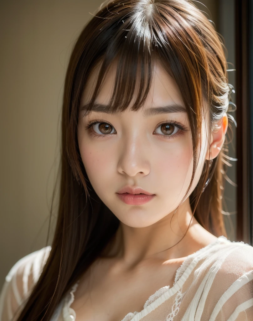 best quality, face focus, soft light, ultra high res, (photorealistic:1.4), RAW photo,
1japanese girl, solo, cute, (pupil, lights in the eyes),  detailed beautiful face, (small chest),(high resolution detail of human skin texture),
(long hair),
indoor,
Damask Shirt Dress,
(portrait)