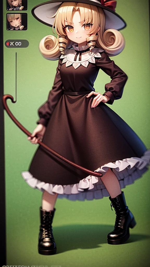 a drawing of an anime character in a red dress and boots with a large scythe, ((high end)), (UHD picture), (best quality,4k,8k,highres,masterpiece:1.2), top-quality(masterpiece), top-quality, ultra-detailed, highly detailed texture, intricate details, high quality textures, masterpiece, best quality, perfect quality, perfect anatomy, perfect body, perfect symmetrical face, 1 beautiful girl, 1 girl, alone, solo, , (((loli))), ((cish)), hat, white hat, blonde hair, long hair, parted bangs, drill hair, well-formed face, yellow eyes, maxi dress, red dress, dress, long sleeves, frills, long skirt, simple background, scythe, holding scythe, holding, white socks, smile, cute face, beautiful, holding scythe