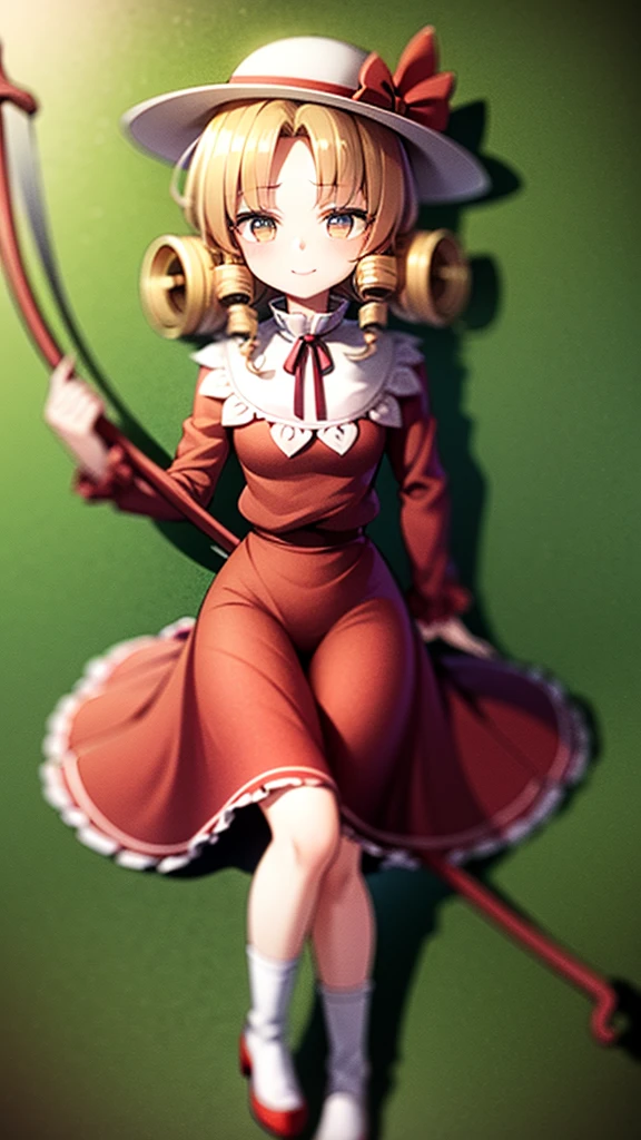 a drawing of an anime character in a red dress and boots with a large scythe, ((high end)), (UHD picture), (best quality,4k,8k,highres,masterpiece:1.2), top-quality(​masterpiece), top-quality, ultra-detailed, highly detailed texture, intricate details, high quality textures, masterpiece, best quality, perfect quality, perfect anatomy, perfect body, perfect symmetrical face, 1 beautiful girl, 1 girl, alone, solo, 10 , (((loli))), childish)), hat, white hat, blonde hair, long hair, parted bangs, drill hair, well-formed face, yellow eyes, maxi dress, red dress, dress, long sleeves, frills, long skirt, simple background, scythe, holding scythe, holding, white socks, smile, cute face, beautiful, holding scythe