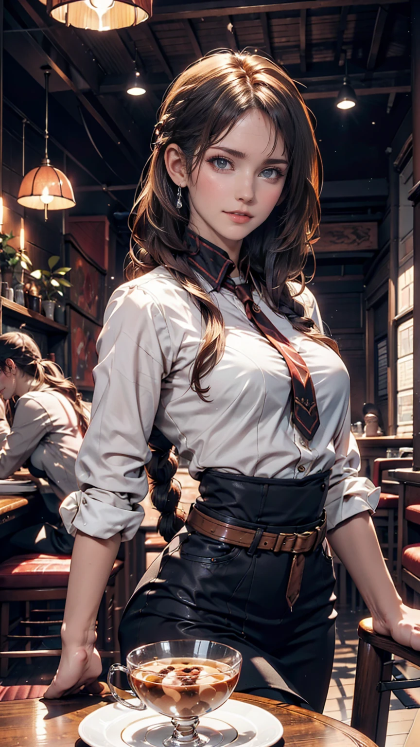 Fantasy Background, Cafe RPG Style, Empty chair, table, Tea Glass Set、24-year-old woman、Multi braid((multiple braids))、Silver Hair、Sexy proportions、Narrow waist