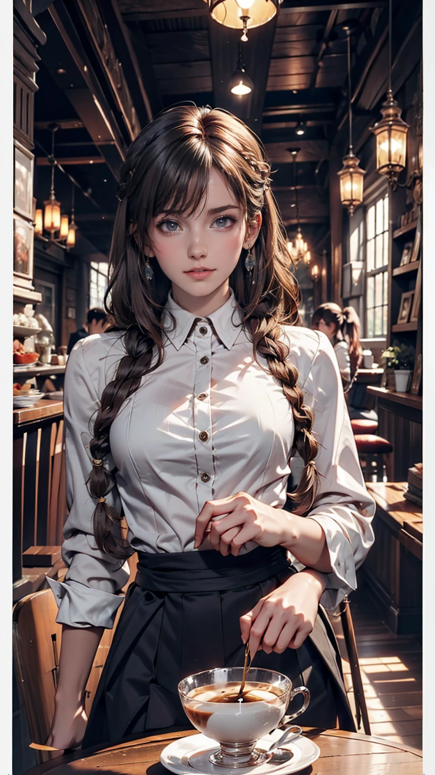 Fantasy Background, Cafe RPG Style, Empty chair, table, Tea Glass Set、24-year-old woman、Multi braid((multiple braids))、Silver Hair、Sexy proportions、Narrow waist