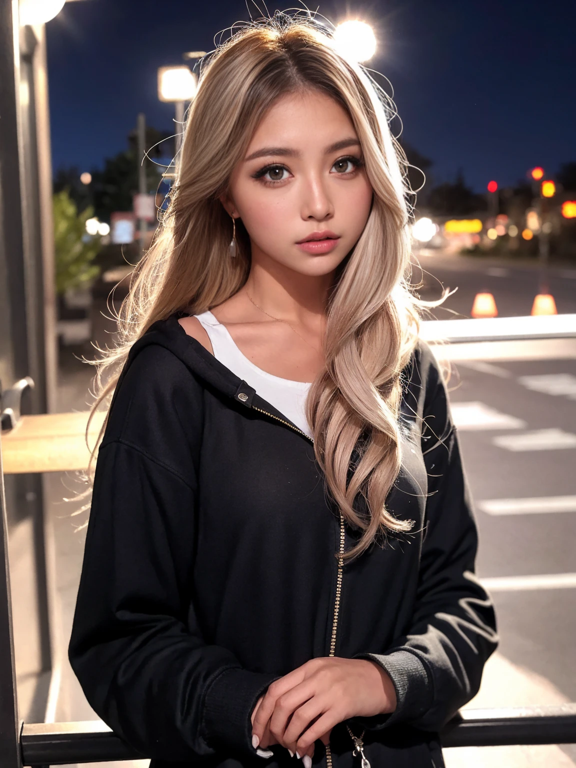1黒のパーカーを着たGal,横face, 美しい横face, Looking down, sad, night,moonlight,Exterior lights,Gal, Hooded parka,masterpiece, Highest quality, Realistic, face,, Beautiful girls, cute, Written boundary depth, High resolution, Super detailed, detailed, pale, Sunburned skin,woman,blonde,Platinum Hair,Brown Hair,orange,Wavy Hair,Shortcuts,building,intersection,stage,Pedestrian bridge,vending machine,night,深night,Blurred Background:1.2