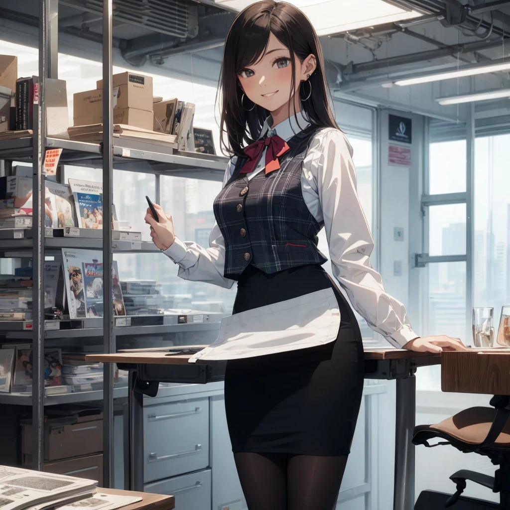 (Best Quality, Masterpiece),Wearing a pink plaid vest, White short sleeved shirt, Gray pencil skirt, Wear stiletto heels, Necklace, earrings, Cute face, Smile, Blushing, Shyness, Glass wall, Ultra Detail, Realistic, Front view, Whole body, stunning, cute, warm smile, hourglass figure, apron, text, chart, advertising, magazine title(Best Quality, Masterpiece), Mag((((1ladyl,)))) (masterpiece), (realistic), (best quality), (ultra-detailed), (wearing in [[white and gray check pattern]] Vest worn over white collared long-sleeved shirt:1.4), (gray vest with buttons:1.2), (Pink Theme:1.2), (blue ribbon ribbon:1.3), (Black theme:1.4), (Tight black pencil skirt:1.5), ((Brown pantyhose)), (high-heels:1.1),longskirt,office desk, office chair,Lulubre Unity 8K Wallpaper, pantyshot, long brown hair, office lady Magazine Cover, 1girl,  amazing, girl, 30 years old, house wiife, warm smile, hourglass figure, text, chart, advertising, magazine title