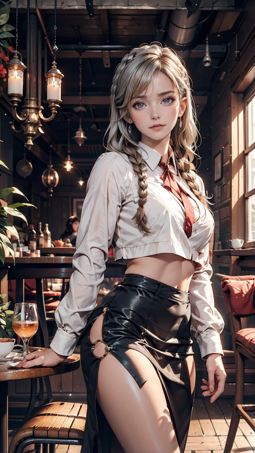 Fantasy Background, Cafe RPG Style, Empty chair, table, Tea Glass Set、24-year-old woman、Multi braid((multiple braids))、Silver Hair、Sexy proportions、Narrow waist